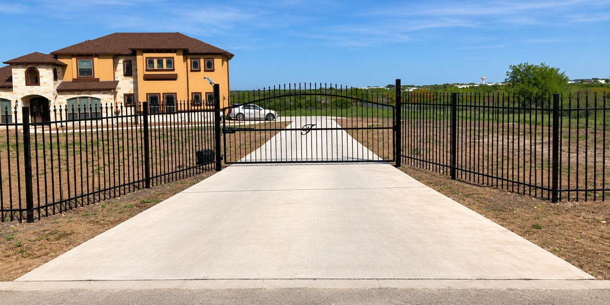 Arched black iron driveway gate with monogram and matching perimeter fence in front of a stone home